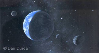 Das Bild zeigt einen Doppelasteroiden auf Kollisionskurs mit der Erde.