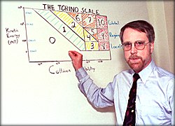 Professor Binzel bei der grafischen Darstellung "seiner" Turiner Skala