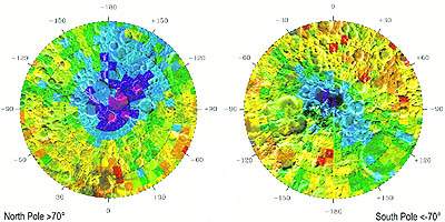 Die purpurfarbenen Gebiete kennzeichnen die Neutronen-Ausstrahlung in den Polregionen des Mondes. 