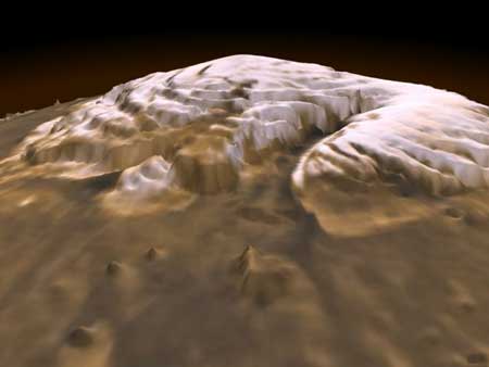 Ein computergeneriertes Bild vom Nordpol des Mars aus südwestlicher Richtung gesehen.
