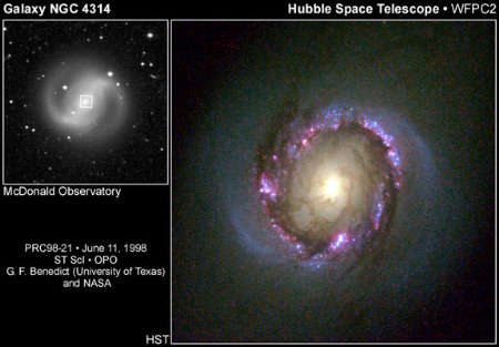 Dieses wunderschöne, farbenprächtige Bild des HST zeigt den Haufen junger Sterne, welche in ringförmiger Anordnung den Kern der Galaxie NGC 4314 umgeben.