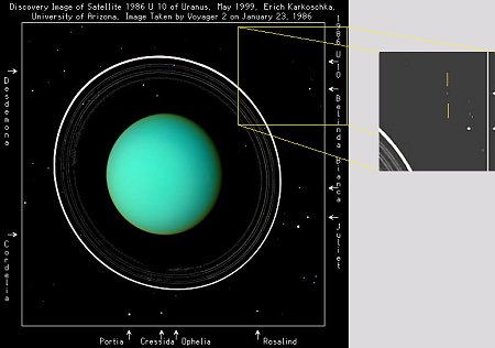 Auf dieser Voyager-Aufnahme aus dem Jahr 1986 ist auch der kürzlich entdeckte Mond zu finden