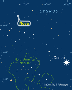Die von Akihiko Tago entdeckte Nova ist nur einige Grad vom1,3 mag hellen Stern Alpha Cygni (Deneb) entfernt 