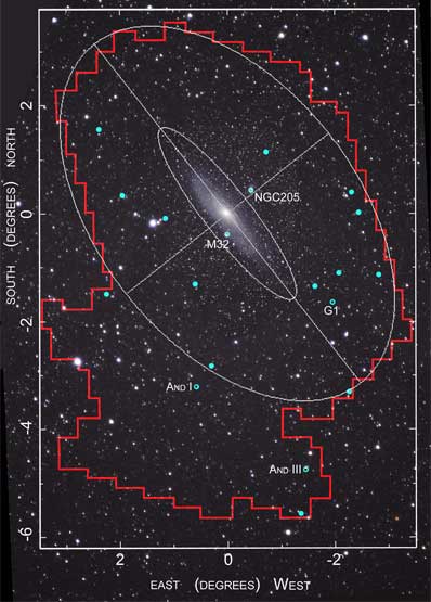 Eine Bildmontage zeigt Andromeda und die gesamte erforschte Region 