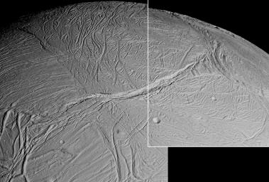 SFrakturen, Faltungen, welliges Terrain und Krater auf Enceladus