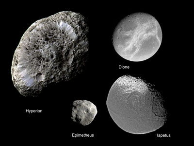 Diese Fotomontage zeigt, wie unterschiedlich die Oberflächen von Saturnmonden sind.