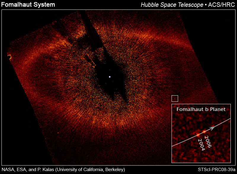 Gürtel aus Staub und Trümmern (helles Oval) um den Stern Fomalhaut und den Planeten (Nebenbild) der den Stern in 872 Jahren umkreist