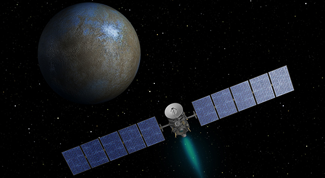 Die künstlerische zeigt die Raumsonde Dawn und den Zwergplaneten Ceres