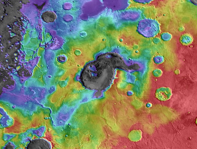 Falschfarben-Darstellung von Eden Patera, der möglicherweise einst ein Supervulkan war.