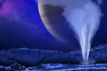 Künstlerische Darstellung des Jupitermondes Europa, auf dessen Oberfläche der Ausbruch eines gewaltigen Wasser-Geysirs zu sehen ist. 