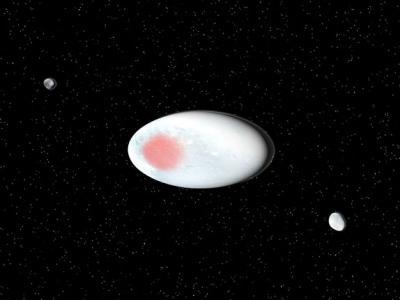 Künstlerische Darstellung von Haumea und ihren Monden.
