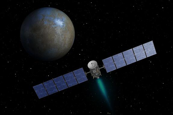 Künstlerlisches Konzept der Raumsonde Dawn bei der Annäherung an den Zwergplaneten Ceres.