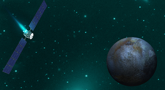 Künstlerische Darstellung von der Umkreisung des Zwergplaneten Ceres durch die Raumsonde Dawn.