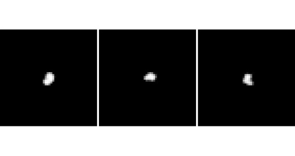 Diese Sequenz von drei Aufnahmen zeigt den Kern des Kometen 67P/Churyumov-Gerasimenko über einen Zeitraum von vier Stunden.