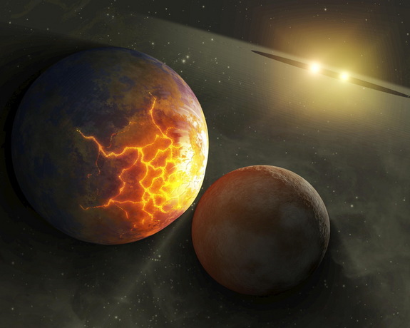 Künstlerische Konzept einer bevorstehenden Planetenkollision um einen Doppelstern