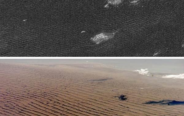 Sanddünen auf dem Titan (oberes Bild) und Sanddünen in Namibia auf der Erde (unteres Bild)