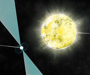 Künstlerische Darstellung eines Weißen Zwergs im Orbit um den Pulsar J2222-0137.