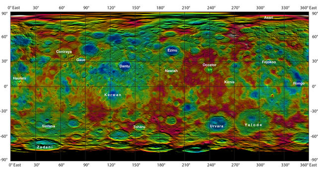 Diese bunte Karte zeigt die Höhen und Tiefen der Topographie auf der Oberfläche des Zwergplaneten Ceres. Die Höhenunterschiede betragen 15 Kilometer zwischen Kraterböden und Berggipfeln.