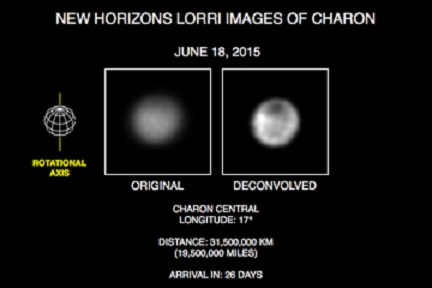 Neue Aufnahmen mit LORRI vom Plutomond Charon zeigen eine rätselhafte dunkle Region am Pol des Pluto-Mondes.