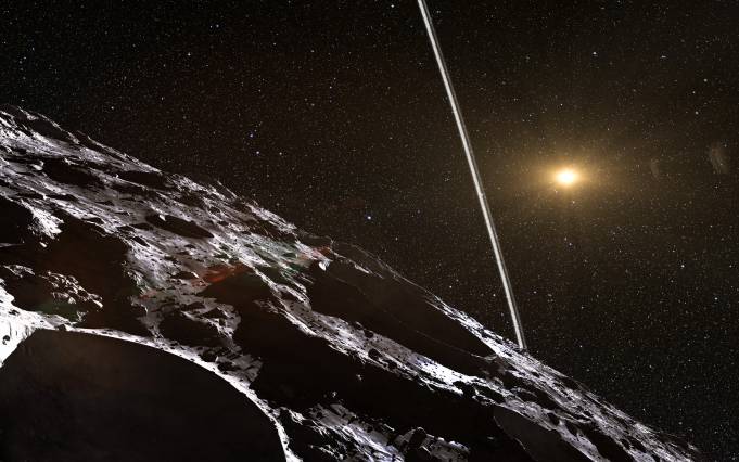 Das postulierte Ringsystem von Chirons Oberfläche aus gesehen. Im Hintergrund die ferne Sonne. (Künstlerische Darstellung)