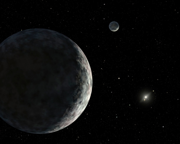 Zwergplanet Eris und sein Mond Dysnomia in einer künstlerischen Darstellung.