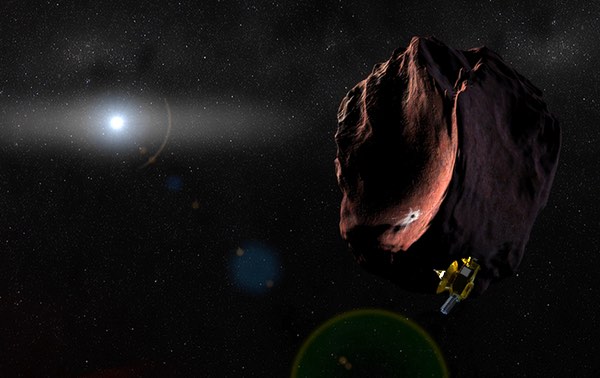 Künstlerische Darstellung von New Horizons Vorbeiflug am Kuiper-Gürtel-Objekt 2014 MU69 am 1. Jänner 2019.