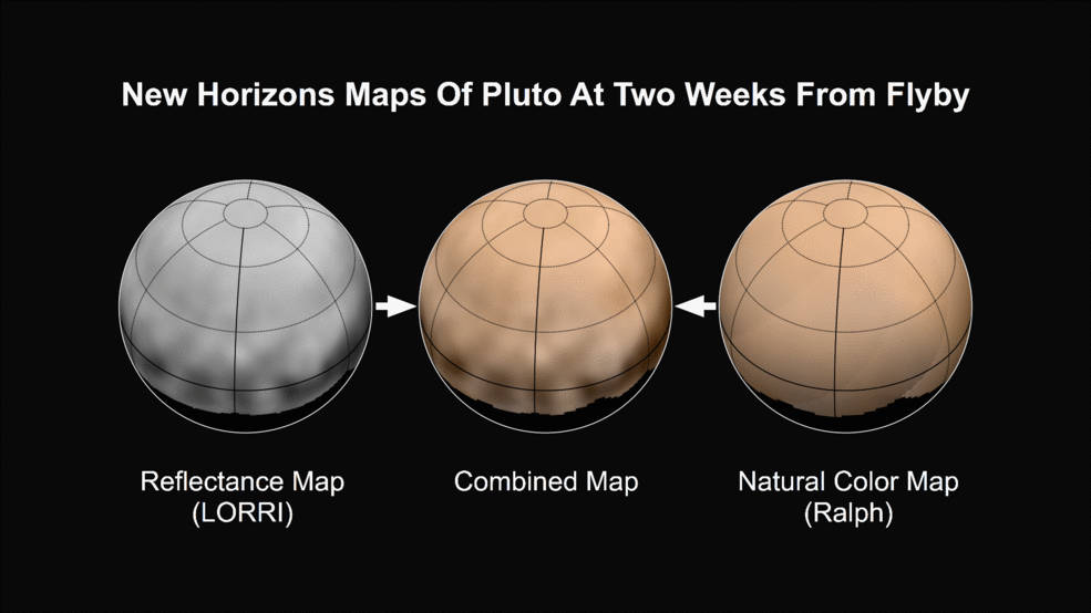 Auf der linken Seite der Animation ist eine Karte von Pluto zu sehen, die aus hochaufgelösten Schwarz-Weiß-Bildern zusammengesetzt wurde die vom Instrument LORRI stammen. Rechts ist eine Karte von Pluto in Farbe, die unter Verwendung von Daten des RALPH-Instruments erstellt wurde. Und die Karte in der Mitte ist eine Kombination von Daten beider Instrumente.