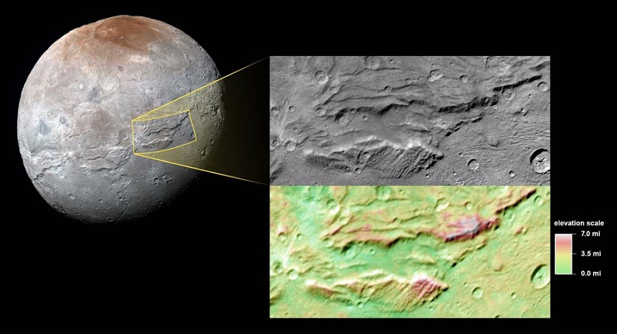 New Horizons Instrument LORRI machte diese Aufnahme vom Serenity Chasma, einem Teil des riesigen Gürtels an Canyons entlang des Äquators von Plutos größtem Mond Charon.