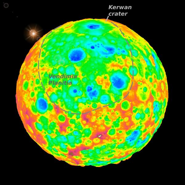 Am oberen Rand des Falschfarben-Bildes ist eine Ansicht von Kerwan, dem größten Einschlagkrater auf Ceres zu sehen.
