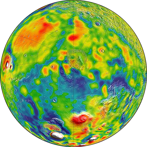 Karte von der Schwerkraft des Mars mit Blick auf den Nordpol.