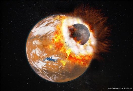 Künstlerische Darstellung der riesigen Kollision, die das Borealis-Becken erzeugte und möglicherweise die beiden Marsmonde Phobos und Deimos.