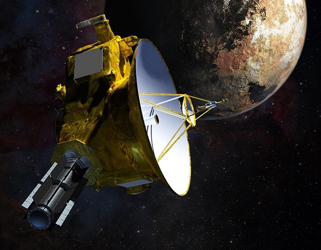 Künstlerische Darstellung der Sonde New Horizons mit einem KBO im Hintergrund.