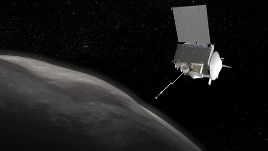 Künstlerische Darstellung der Raumsonde OSIRIS-REx bei der Annäherung an den erdnahen Asteroiden Bennu.