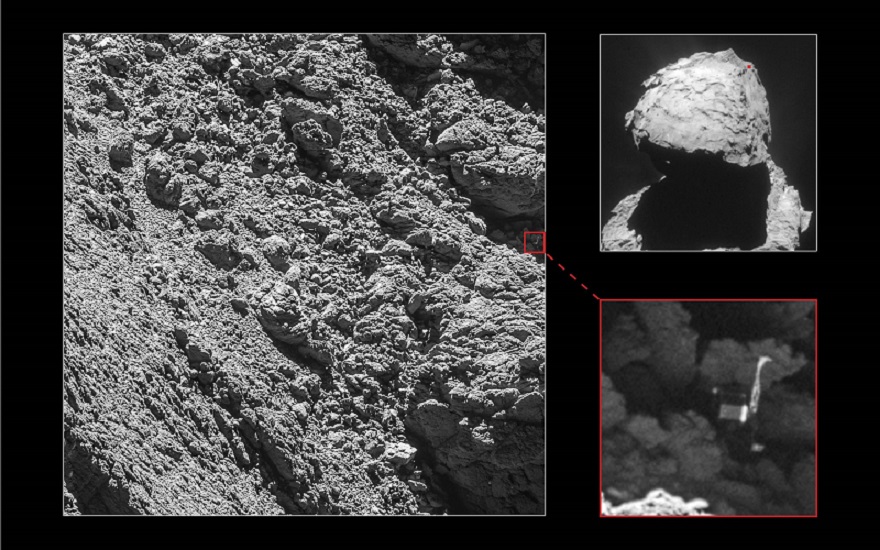 Philae (Bild rechts unten) wurde am 2. September in einem schattigen Bereich des Kometen 67P/Churyumov-Gerasimenko, im Bild links gefunden. Die Landezone wird auf der oberen rechten Seite vergrößert dargestellt.