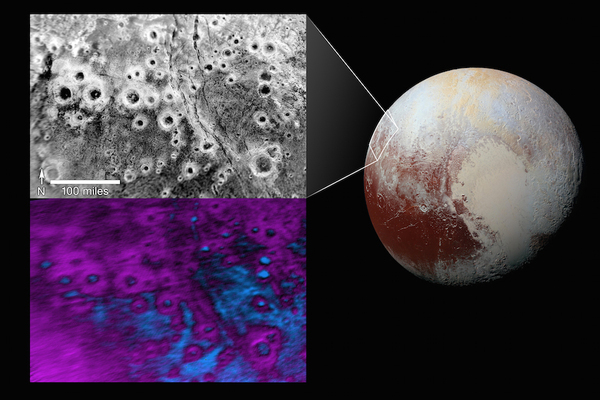 Die haloförmigen Krater innerhalb der Pluto-Region Vega Terra.