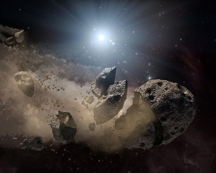 Künstlerische Darstellung eines auseinander brechenden Asteroiden.