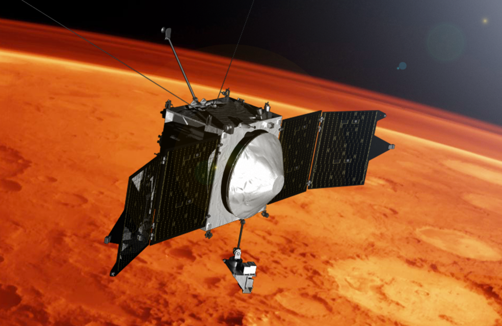 Künstlerische Darstellung der Raumsonde MAVEN mit einem Teil der Mars-Oberfläche.