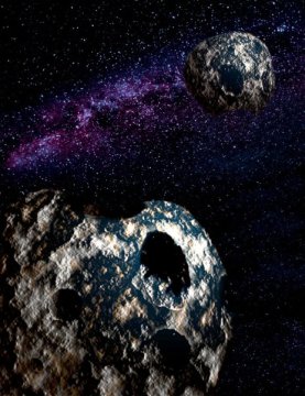 Künstlerische Darstellung von einem lose aneinander gebundenen Asteroidenpaar, von denen Fraser et al. in ihrer Arbeit zu dem Schluss kamen, dass Neptun diese Objekte allmählich und sanft nach außen drückte.