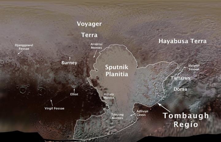 Auf dieser Karte sind die ersten offiziellen Namen für Oberflächenmerkmale auf Pluto markiert.