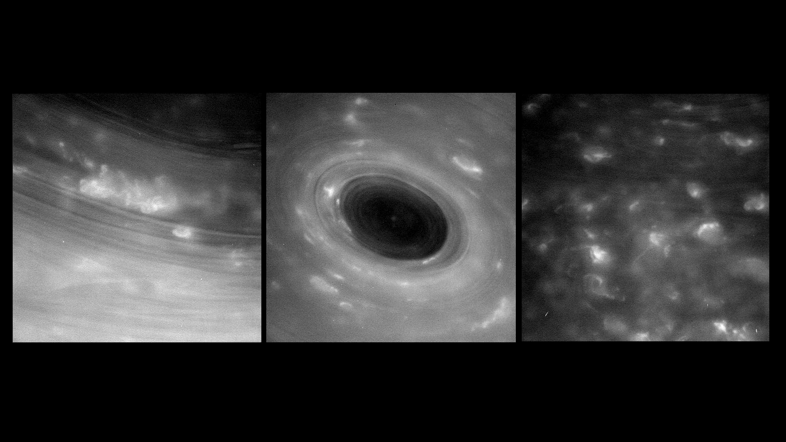 Die unbearbeiteten Bilder zeigen Strukturen in Saturns Atmosphäre so nahe wie nie zuvor.