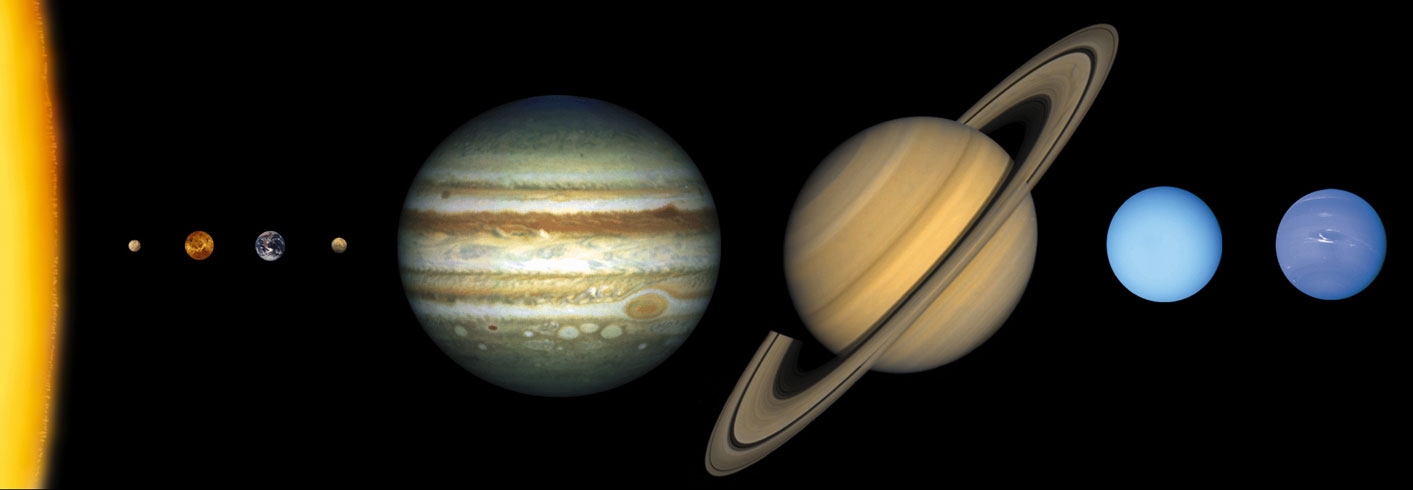 Maßstabgetreue Darstellung der Planeten unseres Sonnensystems.