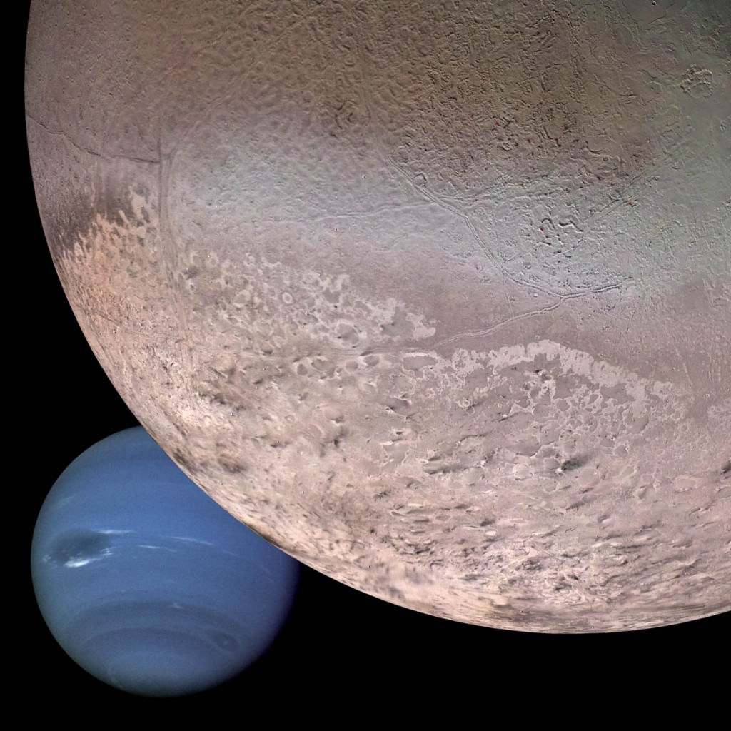 Photomontage von Neptun und seinem größten Mond Triton.