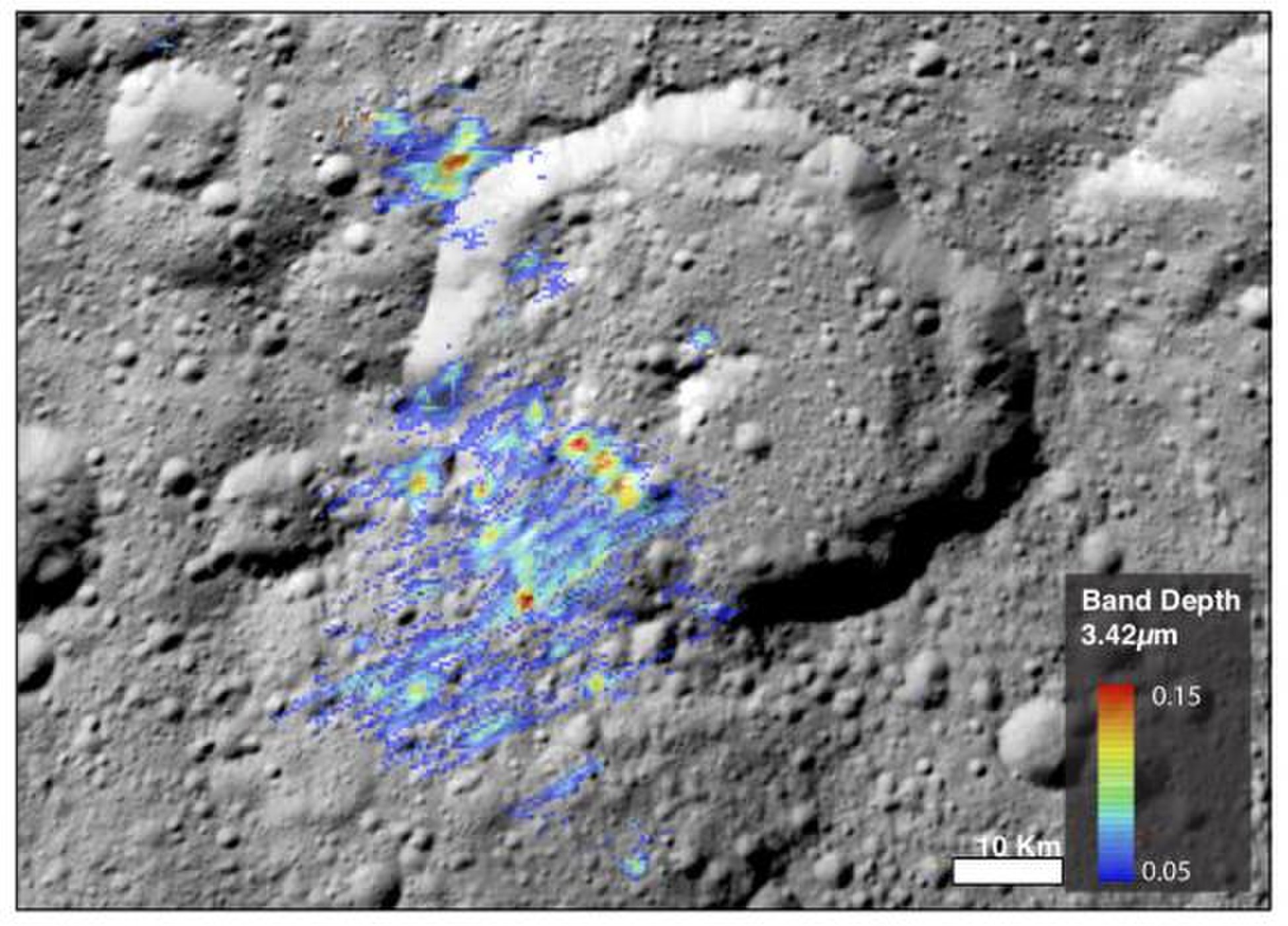 Diese Darstellung visualisiert Signaturen auf Ceres, die das Vorhandensein von organischen Material anzeigen.. Bild:  NASA/Rendering von Hanna Kaplan.