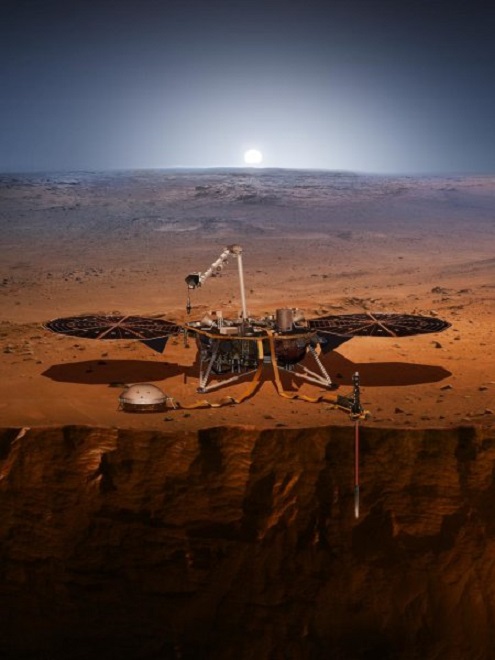 Eine künstlerische Impression vom InSight-Lander auf dem Mars. Bild: NASA/JPL-Caltech