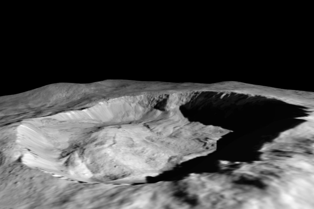 Im Krater Juling, der sich auf der südlichen Ceres-Hemisphäre befindet, kann man Anzeichen eines Wasserkreislaufes auf Ceres erkennen. Bild: NASA/JPL-Caltech/UCLA/MPS/DLR/IDA/ASI/INAF