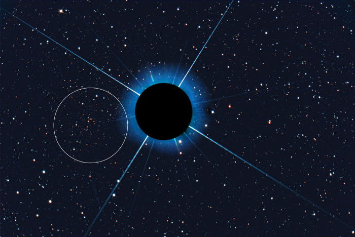 Einige der hellsten Sterne des Gaia 1-Clusters sind links im Bild (weißer Kreis) zu sehen.Bild und Copyright: Harald Kaiser/ESA