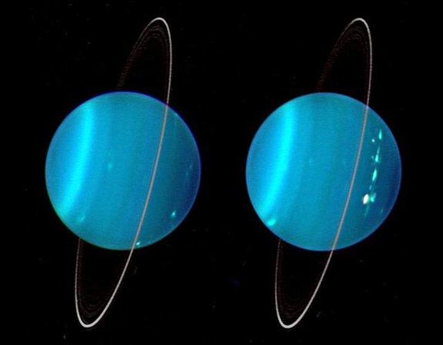 Dieses zusammengesetzte Bild, das 2004 mit adaptiver Optik am Keck-Observatorium entstand, zeigt die beiden Hemisphären von Uranus. Bild: Lawrence Sromovsky, Universität von Wisconsin-Madison / WW Keck-Observatorium