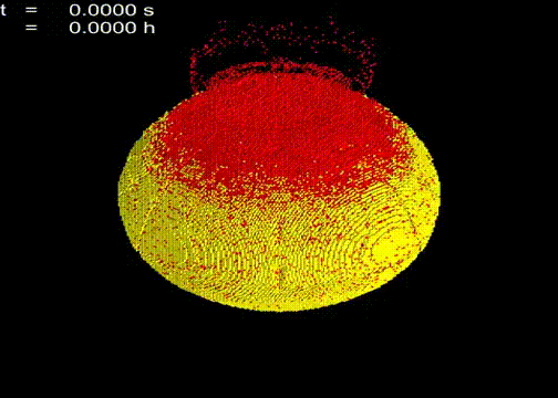 Die zweite Phase des neuen Asteroiden-Kollisionsmodells zeigt wie die Schwerkraft Material auf den erhalten gebliebenen Kern zurückzieht. Diese Phase dauert viele Stunden. Bild: Charles El Mir/Johns Hopkins University