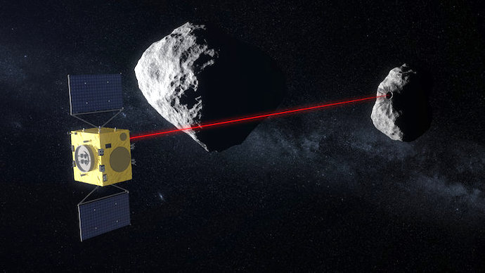 Künstlerische Darstellung der Raumsonde Hera, wie sie mit Hilfe eines Laser-Höhenmessers die Oberfläche von Didymoon, den kleinen Satelliten des Asteroiden Didymos, scannt.  Bild: ESA