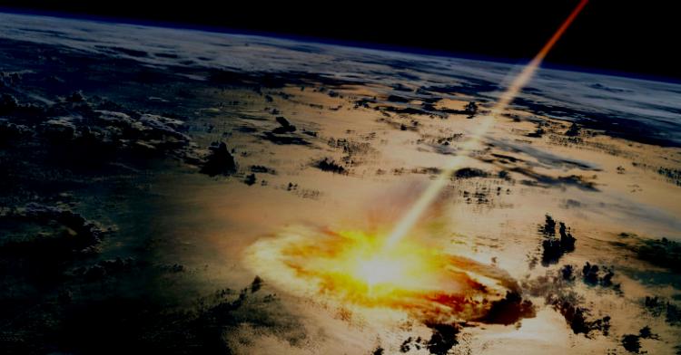 Darstellung eines Einschlags von einem großen Asteroiden auf der Erde. Credit: NASA with modification by Stephen Mojzsis